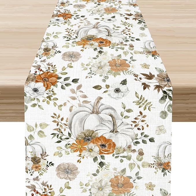 Fall Table Runner, Farmhouse Seasonal Autumn Pumpkin Harvest Thanksgiving Rustic Coffee Table Center Decor for Home Kitchen Dining Patio Holiday Party Indoor Outdoor Table Decorations, 13"x36" Inch