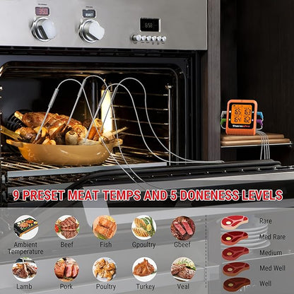 ThermoPro 650 ft Bluetooth Meat Thermometer with 4 Color-Coded Probes, Wireless Meat Thermometer Digital Wireless with Timer, Commercial Cooking Tools & Utensils Rechargeable for Smoker Oven
