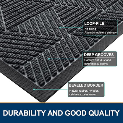 Smiry Front Door Mat Outside Entrance, Heavy Duty Sturdy Natural Rubber Doormat, Trap Dirt and Moisture, Easy Clean Low Profile Mats for Indoor Outdoor Entry, Irregular Triangle (59x24, Grey)