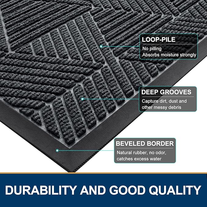 Smiry Front Door Mat Outside Entrance, Heavy Duty Sturdy Natural Rubber Doormat, Trap Dirt and Moisture, Easy Clean Low Profile Mats for Indoor Outdoor Entry, Irregular Triangle (47x24, Grey)