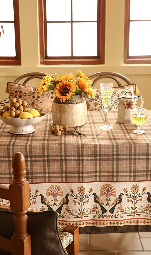 Vintage Brown Checkered Rectangle Tablecloth,Italian Floral Linen Wrinkle Resistant Table Cloth,Decor Table Cover for Kitchen,Dining,Thanksgiving,Christmas,Tea Party,55"*79"-Seville
