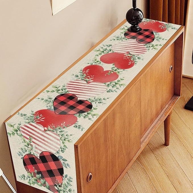 Valentines Day Table Runner,Vintage Rustic Sweet Heart Leaves Valentines Day Buffalo Plaid Runner for Table Seasonal Fresh Decor for Indoor Outdoor Dining Table Decorations, 13"x108"