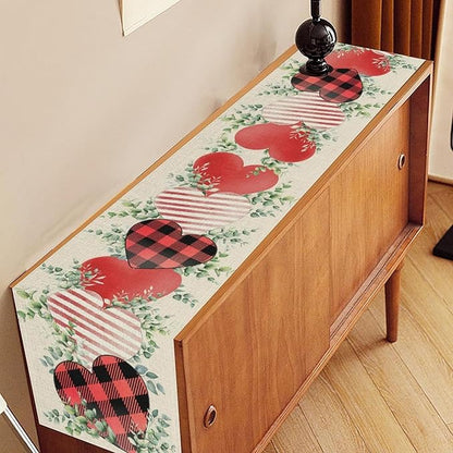 Valentines Day Table Runner,Vintage Rustic Sweet Heart Leaves Valentines Day Buffalo Plaid Runner for Table Seasonal Fresh Decor for Indoor Outdoor Dining Table Decorations, 13"x72"