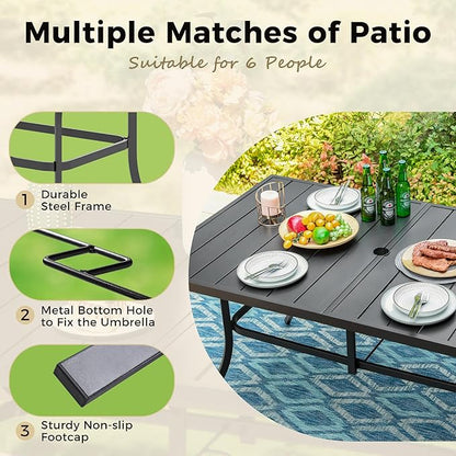 Outdoor Patio Dining Table for 6, 60" x 35" Rectangular Metal Patio Dining Table with Umbrella Hole for Garden, All Weather Wrought Iron Black Outdoor Table for Backyard and Porch