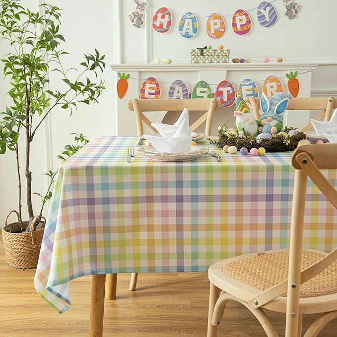 Waterproof Colorful Chequer Tablecloth Fabric - Spring Oblong 52x70 Inch Classic Buffalo Tartan Festive Table Cloth for Indoor Use - Easter Sunday for Dinner, BBQs, and Parties