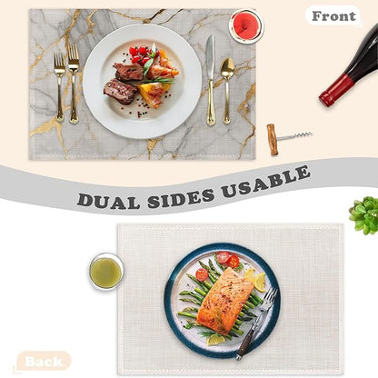 Placemats Set of 6,White Gold Marble Linen Table Mats Abstract Heat Resistant Place Mats Washable Dining Table Mats for Indoor Outdoor Kitchen Decor Easy Clean 12 x 18 Inch