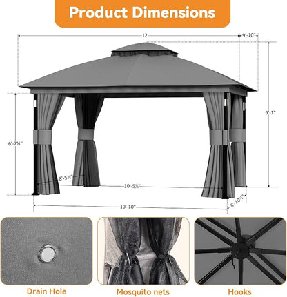 Patio Gazebo 10'x12' with LED Lights & Bluetooth Speaker, Heavy Duty Outdoor - Image 3