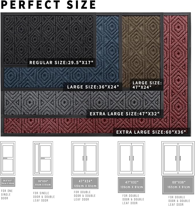 Yimobra Door Mat, Outdoor Indoor Entrance Welcome Mat, Heavy Entry Front Door Mat, Stain & Fade Resistant, Low Profile, Sturdy Rubber, Easy Clean Patio Floor Mat, Waterproof, 47 x 24, Black