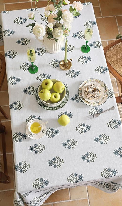 ISAENNE Designer White Linen Extra Long Tablecloth Rectangle,Chinoiserie Floral Elegant Indoor Table Cloth,Fall Stain Proof Decor Tablecloths for Dining Thanksgiving Kitchen,67"*118"-Mosella F