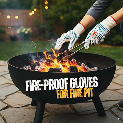 GRILL HEAT AID BBQ Grill Gloves 1472°F - Extreme Heat Resistant Oven Mitts for Grilling, Smoker & Fire Pit with Silicone Grip & EN407 Cut Resistance - Short Cuff, White & Blue