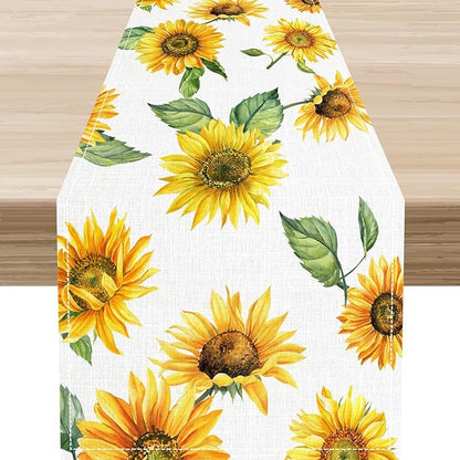 Sunfloral Table Runner, Summer Spring Seasonal Watercolor Sunshine Yellow Floral Sunflower Decorations Rustic Farmhouse Table Center Decor for Home Kitchen Dining Patio Indoor Outdoor, 13"x36" Inch