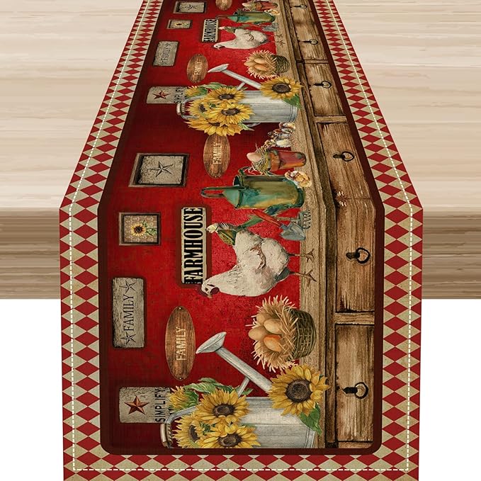 Rooster Table Runner, Rustic Farmhouse Country Cottage Farm Animal Sunflower Retro Checked Table Runner Seasonal Holiday Home Kitchen Dining Table for Home Party Decor 13"x72"