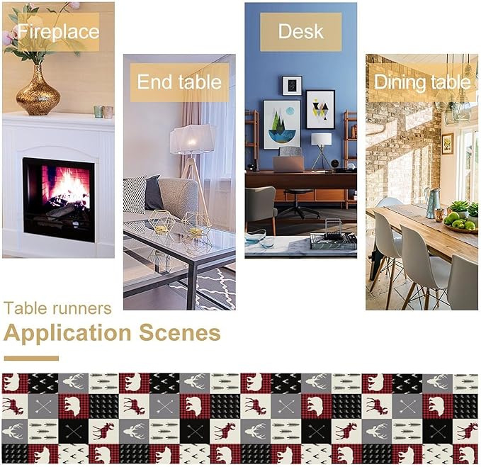 Farmhouse Bear Deer Table Runner, Retro Rustic Village Buffalo Plaid Table Runner for Coffee Table Dining Room Table Bedroom Party Holiday 13x36in