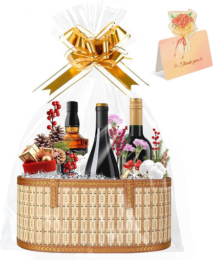 1 Set Baskets for Gifts Empty, Large Bamboo Gift Basket with Handle, Foldable Reusable Decorative Woven Basket for Christmas, Baby Shower, Mother's Day, Housewarming, Wedding