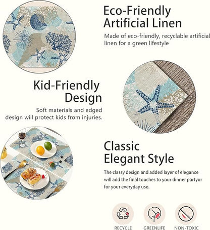 Ocean Coral Placemats Set of 6,Shells Algae Reefs Table Mats Non-Slip Heat Resistant Washable Placemat for Party Kitchen Dining Table Decoration Indoor Outdoor