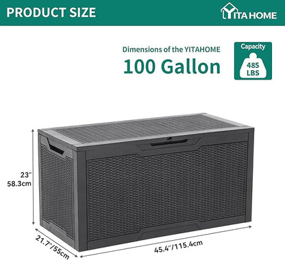 YITAHOME 100 Gallon Outdoor Storage Box, Large Water Resistant Resin Deck Box, Indoor Outdoor Lockable Storage Container for Patio, Garden, Cushions, Tools, Equipment (Dark Gray)