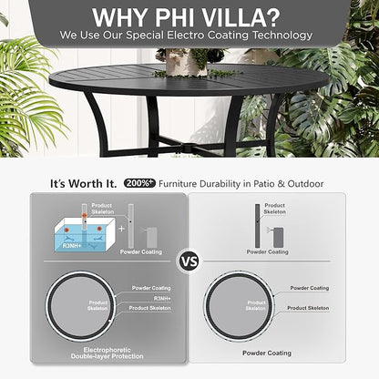 PHI VILLA Outdoor Round Dining Table for 4, 42" Large Metal Wrought Iron Table with Umbrella Hole, All Weather Dining Furniture for Patio, Deck, Yard, Porch - Black