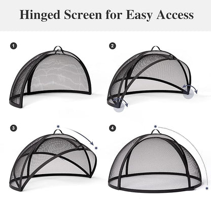 SUNCREAT Outdoor Fire Pit Spark Screen Cover Accessory, Patio Round Easy-Opening Fire Mesh Screen Guard, Heavy Duty Steel Fire Pit Ember Lid with Hinge, 32 Inch