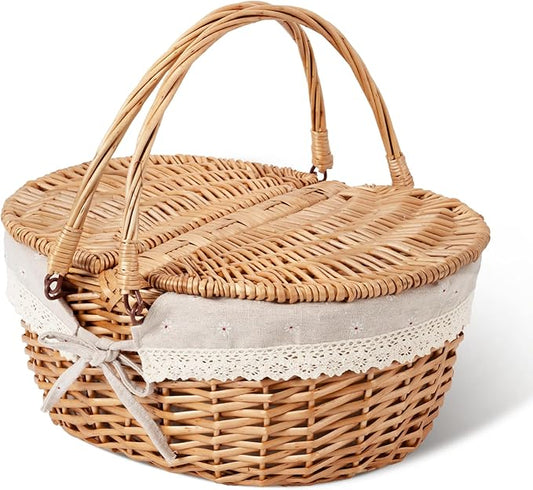 GRANNY SAYS Wicker Picnic Basket for 2 with Handles, Woven Cute Boo Basket with Washable Liner & Dual-Flip Lid, Vintage Large Picnic Baskets for Camping, Outdoor, Easter, Gift, Costume, Flower Liner