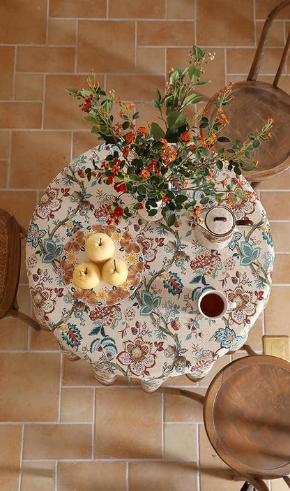 Designer Linen Round Tablecloth,Vintage Indian Style Wrinkle Free Block Print Table Cloth,Decorative Table Cover for Kitchen,Dining,Party,Thanksgiving,Christmas,Diameter 67"-Mangala