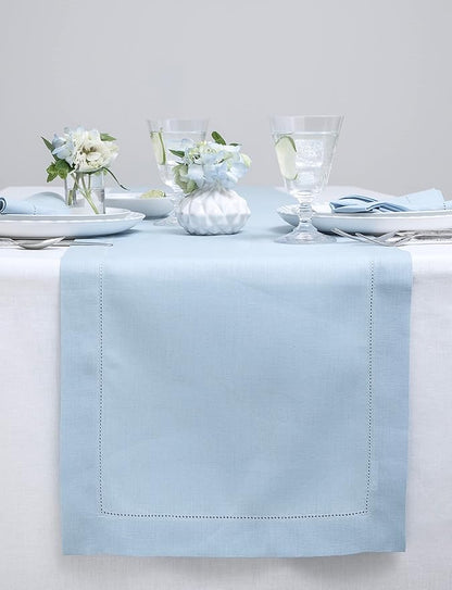 Solino Home Linen Hemstitch Table Runner 108 Inches Long - 100% Pure Linen Sky Blue Table Runner 14 x 108 Inch for Spring, Easter - Classic Hemstitch