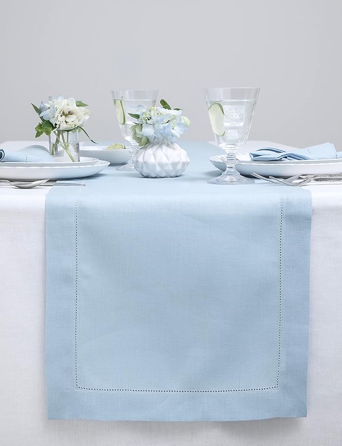 Solino Home Linen Sky Blue Table Runner 132 Inches Long - 100% Pure Linen Extra Long Table Runner 14 x 132 Inch for Spring, Easter - Classic Hemstitch