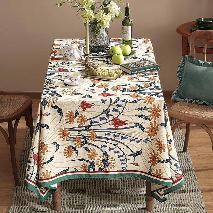 French Vintage Square Tablecloth,Linen Tablecloth with Gold and Red Floral Pattern,Decorative Table Cover for Kitchen,Dining,Thanksgiving,Tea Party,Living Room,67" × 67"-Tijuana