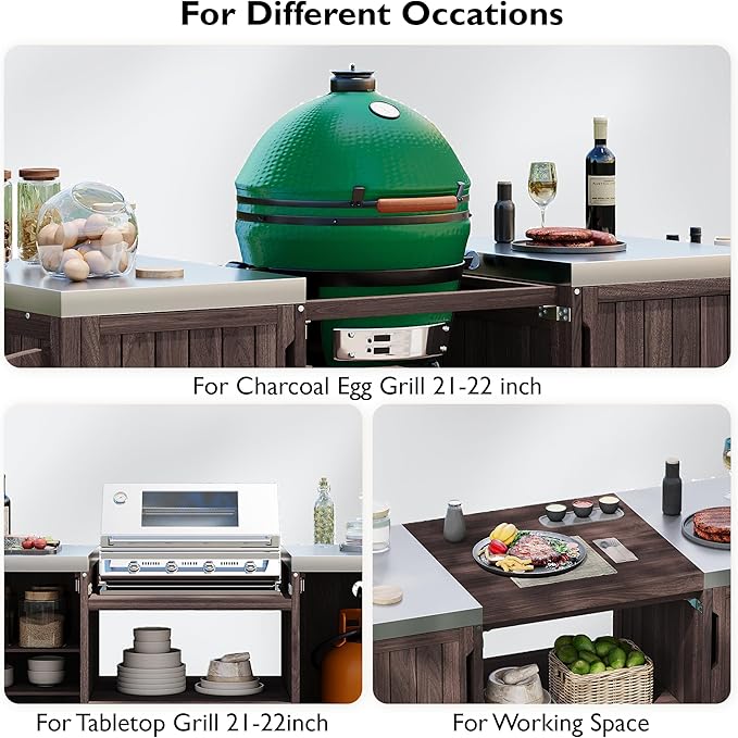 Merax 66.5" Outdoor Grill Table for Big Green Egg, Farmhouse Kitchen Island on Wheels with Stainless Steel Tabletop, Drawer and Spice Rack, Solid Wood Outdoor Storage Cabinet for Backyard, Dark Brown