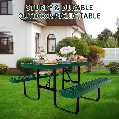 4FT Picnic Tables for Outdoors, Rectangular Commercial Metal Picnic Table Bench Set with Umbrella Hole,Heavy Duty Steel Weather-Resistant Dining Table for Patio Dining Garden Backyard BBQ School