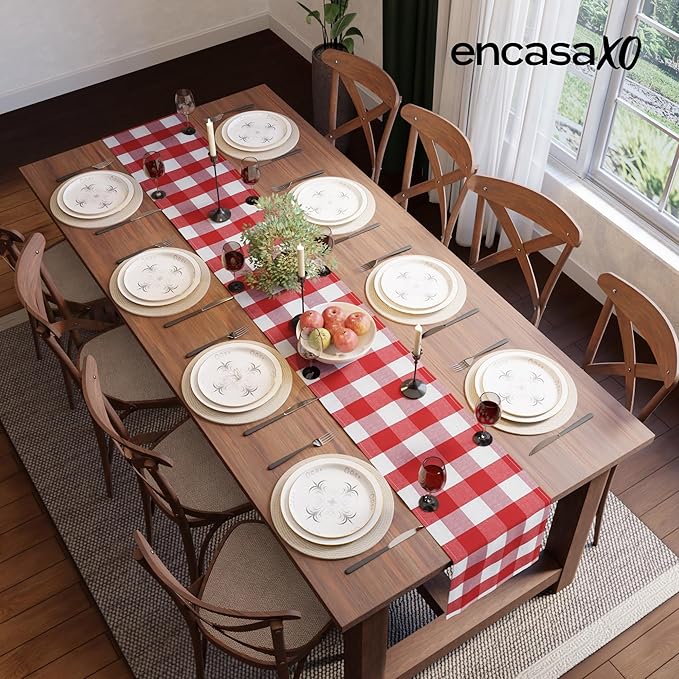 Encasa XO Cotton Dining Table Runner | Buffalo Red Checks | Size 13x104 in - Machine Washable & Durable