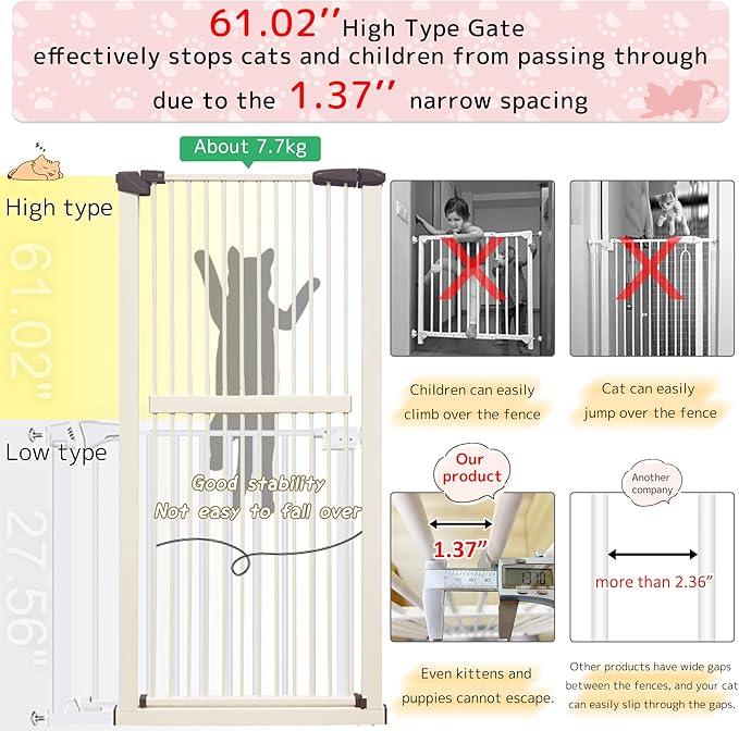 Lumizone Extra Tall Cat Gate 61.02" High Pressure Mounted Extra Wide 63.39"-67.32" (17Sizes) 1.37" Gap No Drilling Auto-Close Tall Pet Gate for Dogs (Cream, 63.39"-67.32" W)
