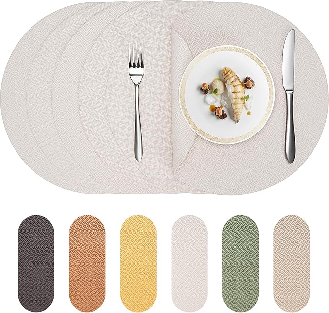 Round Faux Leather Placemats Set of 4 – 13 Inch Vinyl Table Mats, Heat Resistant, Non Slip, Wipeable & Washable, Easy to Clean Dining Table Decor for Kitchen & Dining Room（Ivory White）