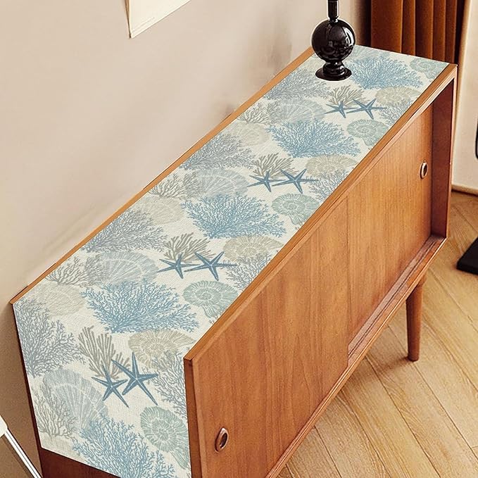 Nautical Table Runner, Summer Coastal Starfish Seashells Coral Tropical Ocean Beach Blue Farmhouse Coffee Table Center Decor for Home Kitchen Dining Patio Indoor Outdoor Table Decorations, 13"x90"