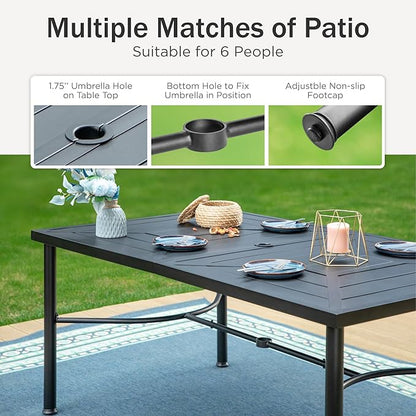 PHI VILLA 7-Piece Outdoor Dining Set, Heavy Duty Patio Table and Chairs Set with Umbrella for 6, 64" Rectangular Patio Metal Table & Wicker Dining Chairs with Cushions, 2 Swivel