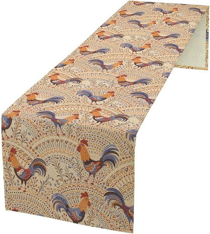 Cute Roosters Table Runner, Boho Rustic Cock Chicken Vintage Arch Floral Plants Print Table Cover for Holiday Kitchen Dining Table Indoor Outdoor Home Party Decor, 13x36inch