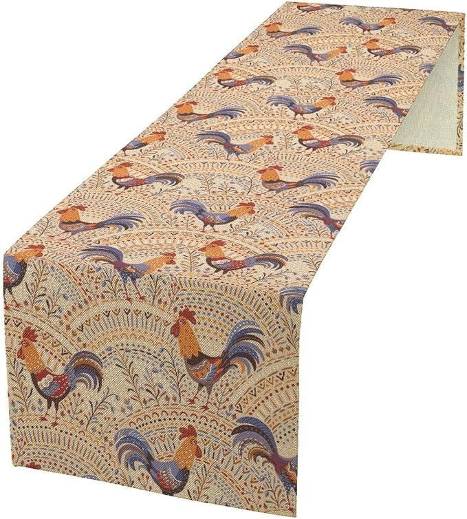 Cute Roosters Table Runner, Boho Rustic Cock Chicken Vintage Arch Floral Plants Print Table Cover for Holiday Kitchen Dining Table Indoor Outdoor Home Party Decor, 13x108inch