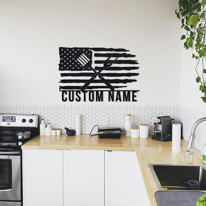 Personalized BBQ Sign With Led Lights - American Flag Metal Wall Art, Custom Name Sign, Patriotic BBQ Decor for Bar, Kitchen, Backyard, Patio Man Cave
