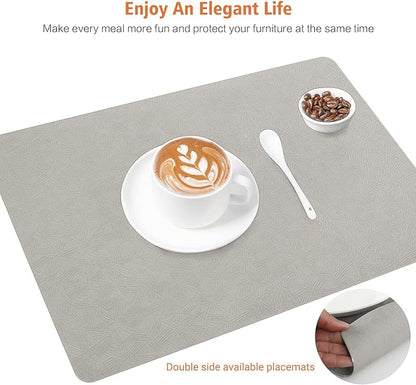 Vinyl Placemats Set of 4 Heat Resistant Easy Clean Non-Slip Place Mats for Dining Table. Faux Leather Waterproof Stain Resistant Wipeable Washable PU Table Mats(4, Light Gray)