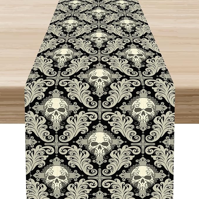 Skull Table Runner, Retro Antique Gothic Damask Pattern Classic Halloween Boho Black Coffee Vintage Table Center Decor for Kitchen and Dining Outdoor Home Country Party Table Decorations, 13"x90"
