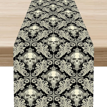 Skull Table Runner, Retro Antique Gothic Damask Pattern Classic Halloween Boho Black Coffee Vintage Table Center Decor for Kitchen and Dining Outdoor Home Country Party Table Decorations, 13"x108"