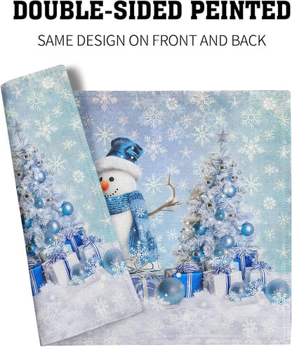 Giwawa Blue Snowman Placemats Set of 4 Christmas Trees Balls Winter Snowflakes Linen Place Mat Xmas Snow Scenery Non Slip Heat Resistant Table Mats 12"x18" for Kitchen Dining Holiday New Year Decor