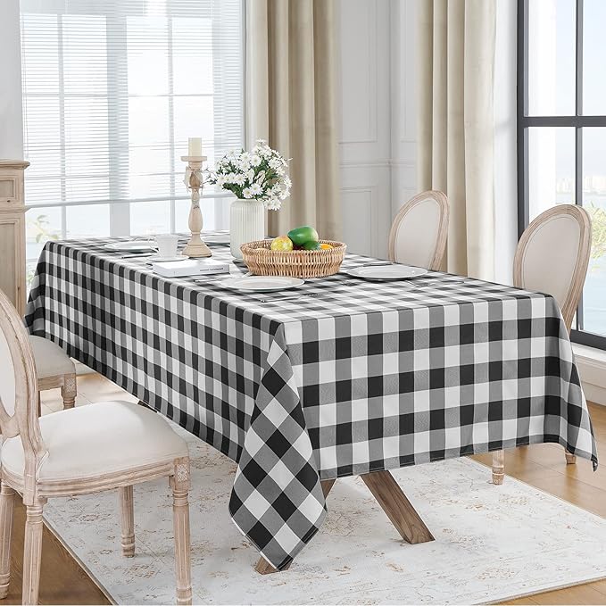 Softalker Gingham Checkered Tablecloth Rectangle - Outdoor Waterproof Buffalo Plaid Table Cloth, Stain Resistant Washable Table Cover for Picnic, Camping, Dining - Black and White, 54 x 108 Inch