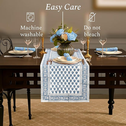 CPC Cotton Table Runner 16x108 Inch Block Printed Long Fall Table Runner for Dining Table, Card Table, Coffee Table, Wedding, Farmhouse & Outdoor Barbeque-Apatite Blue