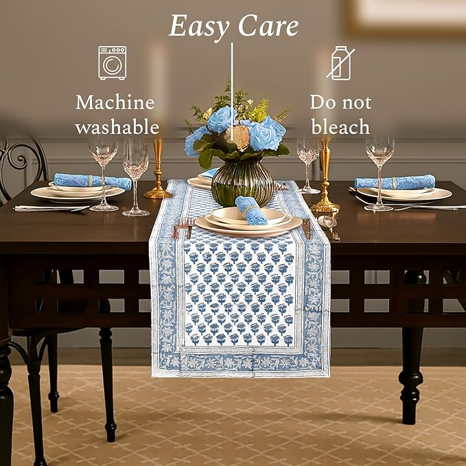 CPC Cotton Table Runner 16x90 Inch Block Printed Long Fall Table Runner for Dining Table, Card Table, Coffee Table, Wedding, Farmhouse & Outdoor Barbeque-Apatite Blue