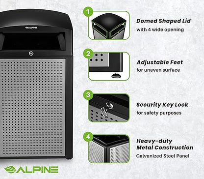 Alpine Industries 40 Gallon Commercial Outdoor Trash Can, Metal with Removable Bin & Locking Lid (Black & Grey)