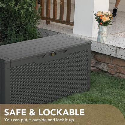 Devoko 100 Gallon Waterproof Large Resin Deck Box Indoor Outdoor Lockable Storage Container for Patio Furniture Cushions Garden Tools (100 Gallon, Grey)