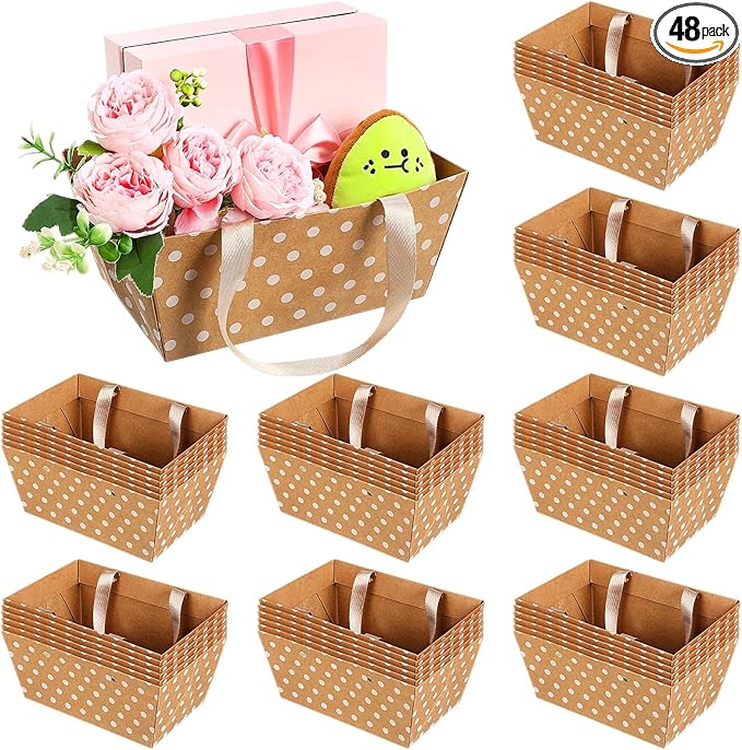 Pinkunn 48 Pcs Basket for Gifts Empty DIY Bulk Party Gift Basket Kit with Handles Market Trays for Packages Wrapping Wedding Party Anniversary Display(Brown, White,Polka Dots)