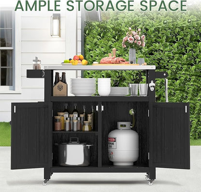 Weatherproof HIPS Outdoor Kitchen Island with Stainless Steel Top & Storage Cabinet, Movable Prep Table with Wheels for BBQ Food Prep, Outdoor Grill Cart for Parties, Black