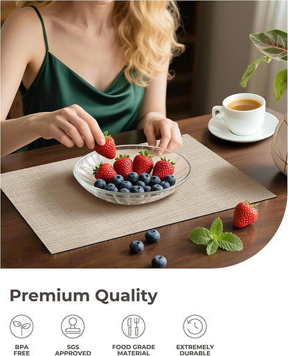 Leetaltree Beige Placemats Set of 6 - Heat Resistant Non-Slip Place mats for Dining Table, Washable Durable PVC Vinyl Woven Table Mats(Beige, 6)
