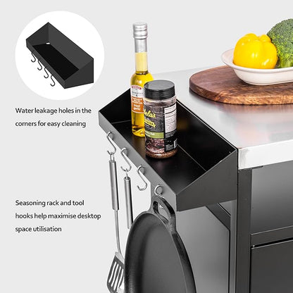 Grill Table Outdoor Kitchen Cabinet, Moveable Outdoor Prep Table & Bar for Storage, Grilling and Pizza Oven, Multifunctional Silver & Black